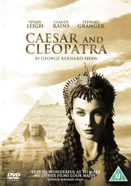 Caesar and Cleopatra DVD (1945) cover featuring Cleopatra in Egyptian attire, with pyramids and the Sphinx in the background. The names of the actors, including Claude Rains as Julius Caesar, are displayed along with a quote by George Bernard Shaw at the top and bottom.