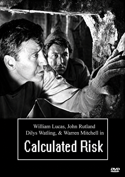 Two men peer cautiously through a rough stone wall, capturing the suspenseful atmosphere of a classic thriller. Below, the text reads: William Lucas, John Rutland, Dilys Watling & Warren Mitchell in Calculated Risk DVD (1963). A small DVD logo is shown in the corner—an essential addition for fans of classic movies on DVD.