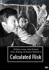 Two men crouch in a dim, rugged tunnel, one stretching out a gloved hand. Tension marks their faces. Below, white text reads: “William Lucas, John Rutland, Dilys Watling, & Warren Mitchell in Calculated Risk.” A gripping moment from the rare and hard-to-find Calculated Risk DVD (1963) crime thriller.