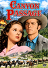 A woman and a man in Western attire stand before mountains, with a burning house and pack horses in the background. The text reads: “Canyon Passage (1946) DVD—this classic Western is now available among rare movies on DVD.”.