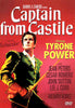 Movie poster for Captain from Castile (1947) DVD featuring a man in historical costume holding a sword, with bold red and yellow text listing cast members Tyrone Power, Jean Peters, Cesar Romero, John Sutton, and Lee J. Cobb—a striking tribute to Vintage Classic Movies and the ideal addition to any Captain from Castile (1947) DVD collection.