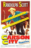 A vintage Carson City (1952) DVD poster features Randolph Scott smiling with a gun, set against cowboys and a train—ideal for rare movie collectors or classic DVD fans. The film's title and cast are boldly highlighted.