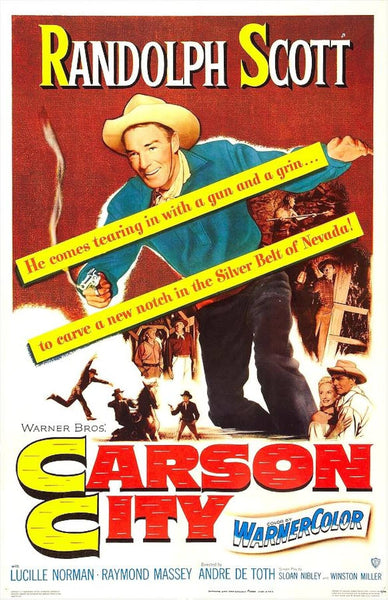 Bright and colorful vintage-style movie poster for Carson City (1952) DVD, showcasing a cheerful cowboy with a gun, bold lettering, dramatic flames in the background, and a Nevada-themed tagline. Includes cast, crew, and studio names—ideal for fans seeking rare movies on DVD or collectors looking to add Carson City (1952) DVD to their classic film collections.