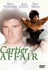 A movie poster for The Cartier Affair (1984) DVD, a rare crime drama, features a man's face in the background with a glamorous woman in black lingerie posing in the foreground. The top of the poster displays the names David Hasselhoff, Joan Collins, and Telly Savalas, emphasizing this unique find among rare movies on DVD.