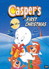 Casper the Friendly Ghost holds a Christmas gift with Yogi Bear and Boo-Boo Bear beside him, set against a snowy landscape with the moon and Santa’s sleigh in the background. The text reads “Casper’s First Christmas DVD (1979)—a delightful Hanna-Barbera holiday classic on DVD that brings together beloved characters in this rare, hard-to-find movie, perfect for classic holiday collections.”.