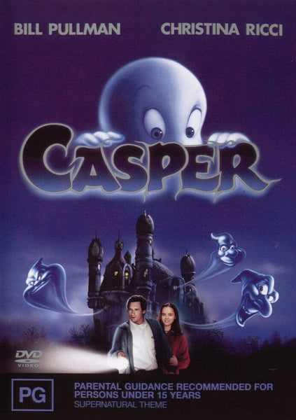Official DVD cover for Casper DVD (1995), the beloved family fantasy film, featuring a friendly ghost hovering above a shadowy castle, with Bill Pullman and Christina Ricci pictured below and three mischievous ghosts surrounding them. The cover displays the PG rating and DVD logos.