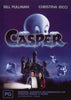 Official DVD cover for Casper DVD (1995), the beloved family fantasy film, featuring a friendly ghost hovering above a shadowy castle, with Bill Pullman and Christina Ricci pictured below and three mischievous ghosts surrounding them. The cover displays the PG rating and DVD logos.