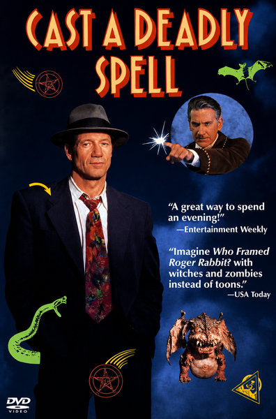 Against a blue backdrop, a man in a suit and hat—reminiscent of classic hard-boiled detectives—takes center stage on the Cast A Deadly Spell DVD (1991) cover. Surrounding him are smaller images: another man casting a spell, a winged creature, and a lizard, all hinting at the film’s distinctive mix of horror and comedy. The design also features reviews and the movie’s title.