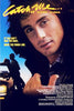 A man with curly hair and a leather jacket stands in front of a car at dusk, capturing the thrill of illicit street racing. The text reads "Catch Me If You Can" (Catch Me If You Can DVD, 1989) and “If you can’t win the race, move the finish line.” Film credits are displayed at the bottom.