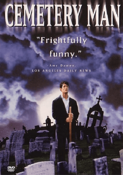 A man holding a shovel stands in a cemetery at night, surrounded by tombstones and eerie statues. Above him, the title Cemetery Man DVD (1994) appears in the cloudy, dark sky along with the quote "Frightfully funny."—a striking scene that makes this cult classic an essential addition to any horror-comedy DVD collection.