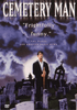 A man holding a shovel stands in a cemetery at night, surrounded by tombstones and eerie statues. Above him, the title Cemetery Man DVD (1994) appears in the cloudy, dark sky along with the quote "Frightfully funny."—a striking scene that makes this cult classic an essential addition to any horror-comedy DVD collection.