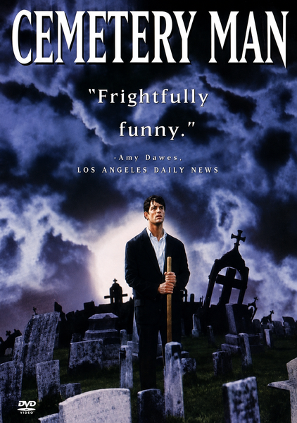 A man in a dark suit stands under a cloudy night sky in a graveyard, surrounded by tombstones and a tilted cross, gripping a shovel. The eerie atmosphere perfectly reflects the essence of the cult classic film. Text above reads Cemetery Man DVD (1994) and Frightfully funny—a must-have horror-comedy for fans seeking chills with their laughs.