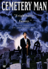 A man in a dark suit stands under a cloudy night sky in a graveyard, surrounded by tombstones and a tilted cross, gripping a shovel. The eerie atmosphere perfectly reflects the essence of the cult classic film. Text above reads Cemetery Man DVD (1994) and Frightfully funny—a must-have horror-comedy for fans seeking chills with their laughs.