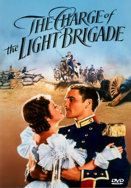 A man in a military uniform and a woman in a white dress embrace in the foreground, while cavalry charges and cannons fill the background—a timeless scene from Charge of the Light Brigade DVD (1936), one of the classic movies on DVD that captures epic romance amidst war.