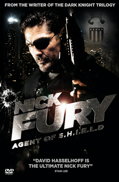 A man in black sunglasses and leather, holding a gun, stands before a nighttime city skyline. Text reads: Nick Fury Agent of S.H.I.E.L.D., with David Hasselhoff delivering the ultimate Nick Fury performance. Experience this action-packed Marvel movie with the Nick Fury Agent of Shield DVD (1998)—a must-have for every fan’s collection.
