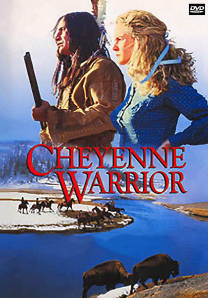 Cheyenne Warrior DVD features a vintage cover illustration of a man with long hair and a spear standing beside a woman in a blue dress. The scene includes horses and riders by a river in the background, with buffalo in the foreground. This classic old west love story is perfect for collectors searching for rare, hard-to-find movies on DVD.