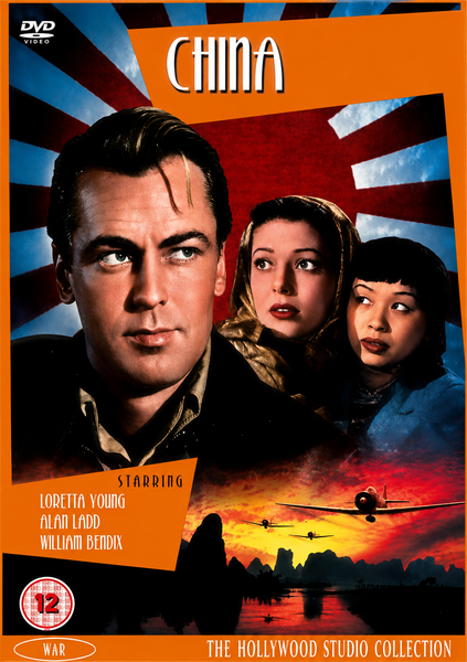 China DVD (1943) cover features three people standing against a dramatic sky with a rising sun motif, silhouetted mountains, and two airplanes flying above a river. This eye-catching design captures the atmosphere of the classic 1943 film on DVD, with cast names and the film title displayed prominently.