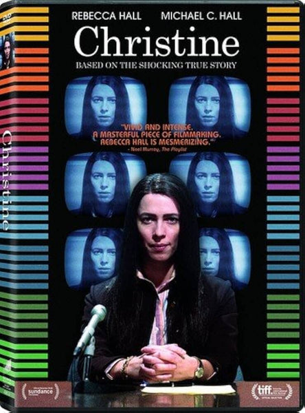 Christine (2016) DVD cover featuring Rebecca Hall as Christine Chubbuck at a news desk with a microphone, serious on-screen expressions behind her, and colorful vertical stripes along the borders.