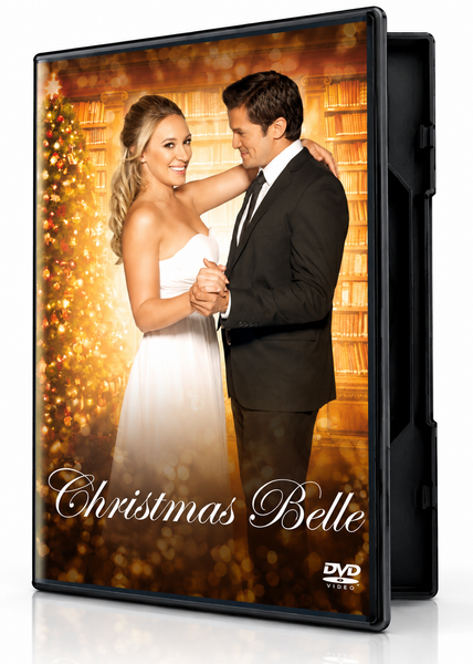 On the cover of a Christmas Belle DVD, a man in a suit and a woman in a white dress dance together in front of a Christmas tree and library shelves.