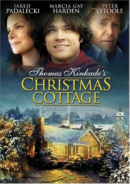 Movie poster for Thomas Kinkade’s Christmas Cottage featuring three smiling people above a snow-covered cottage, with actor names Jared Padalecki, Marcia Gay Harden, and Peter O’Toole at the top. A perfect addition to your holiday collection, this rare and hard-to-find film is available on Thomas Kinkade’s Christmas Cottage (2008) DVD—a must-have Christmas movie DVD for fans and collectors alike.