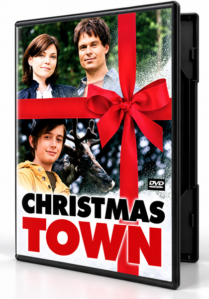 DVD case cover for the Christmas Town (2008) DVD, featuring a man, a woman, and a boy standing next to a reindeer wrapped in a red ribbon, with the title at the bottom.