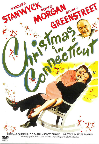 Christmas In Connecticut DVD (1945) cover featuring Barbara Stanwyck in a red dress laughing on a man’s lap, playful holiday romantic comedy graphics, and the film title in festive lettering with stars and actor headshots.