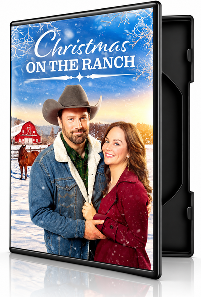 The Christmas on the Ranch (2024) DVD cover features a man in a cowboy hat and a woman in a maroon coat standing in a snowy landscape with a red barn and a horse in the background.