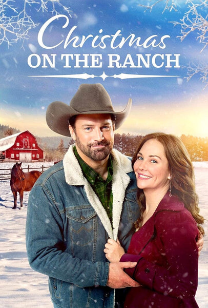 A man in a cowboy hat and a woman in a red coat smile together before a snowy ranch with a red barn and horse. Above them, snowflakes border the sky. Text: Christmas on the Ranch (2024) DVD—a romantic holiday movie.