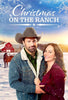 A man in a cowboy hat and a woman in a red coat smile together before a snowy ranch with a red barn and horse. Above them, snowflakes border the sky. Text: Christmas on the Ranch (2024) DVD—a romantic holiday movie.