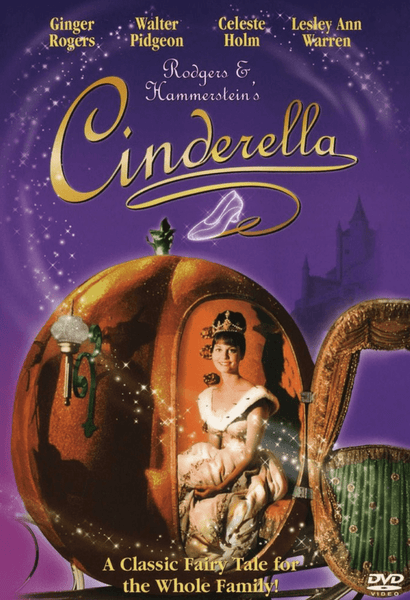The Cinderella DVD (1965) features a cover with Lesley Ann Warren in a ball gown seated inside a pumpkin carriage, set against a purple, starry background. Cast members’ names are listed at the top, while the bottom reads, "A Classic Fairy Tale for the Whole Family." This beloved 1965 TV musical brings timeless magic to viewers of all ages.
