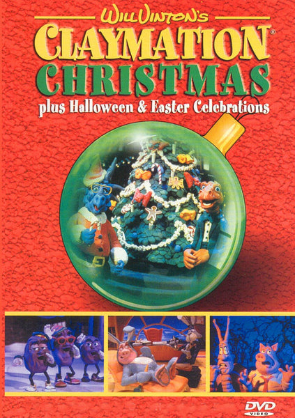 DVD cover for the Claymation: Christmas, Halloween & Easter Celebrations DVD, showcasing beloved claymation characters gathered around a festively decorated Christmas tree. The design features smaller scenes from each holiday special, bold holiday-themed text, and highlights from animated favorites like the Claymation Comedy of Horrors—making it perfect for fans looking to add a festive claymation DVD collection to their shelves!.