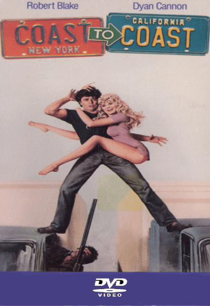 A man carries a smiling woman on his back between two cars, with New York and California road signs above them that read "Coast to Coast." The DVD Video logo appears at the bottom, making this Coast To Coast DVD (1980) a must-have for collectors searching for rare movies on DVD.