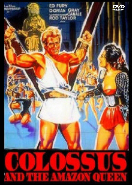Featuring art from a vintage movie poster, the Colossus and the Amazon Queen (1960) DVD showcases a dramatic scene with a strongman bound to wooden beams, a woman in armor, and battling warriors in the background. This DVD is an essential addition for classic film enthusiasts or anyone seeking rare, hard-to-find movies.