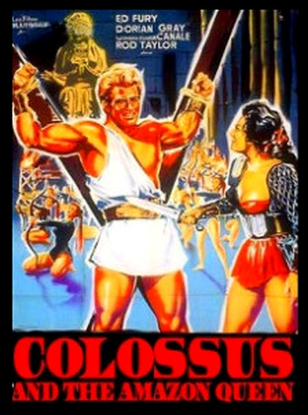 A muscular man in a white tunic stands with arms outstretched beside an armored woman, with other women and columns in the background. Text reads: Colossus and the Amazon Queen (1960) DVD – a rare and hard-to-find title perfect for vintage classic movie collectors.
