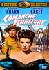 Comanche Territory (1950) DVD cover showcases Maureen O’Hara in a dress prominently in the foreground, while a gun-wielding man in a cowboy hat stands behind her. In the background, Native Americans on horseback add dynamic energy. The design features actor names and movie title text. This Comanche Territory (1950) DVD is a must-have for collectors of rare movies and fans of classic films on DVD.