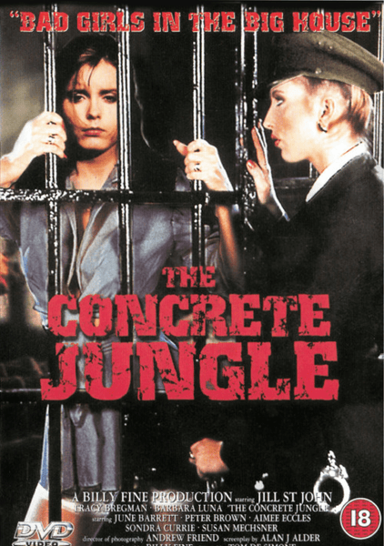 Two women stand on opposite sides of prison bars; one is distressed and gripping the bars, the other wears a uniform. The text reads, "Bad Girls in the Big House. The Concrete Jungle." The Concrete Jungle DVD (1982) is perfect for fans of classic movies and collectors of women-in-prison films—this cover showcases a gritty, dramatic tone.