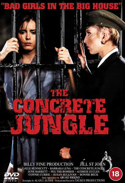 A woman in a prison uniform tightly grips cell bars while confronting a stern female guard. Bold red text spells out “The Concrete Jungle,” with the tagline “Bad Girls in the Big House” displayed above. This striking DVD cover for The Concrete Jungle DVD (1982) is perfect for fans of women-in-prison movies and rare films on DVD. Rated 18, this classic delivers authentic style and drama for collectors and enthusiasts alike.