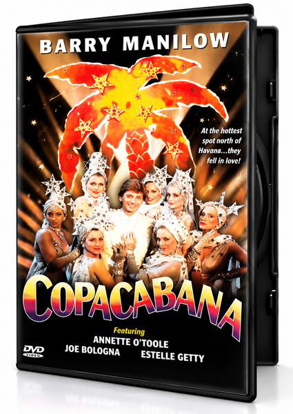 Copacabana DVD (1985) case featuring Barry Manilow and a group of showgirls in star-themed headpieces under a large, glowing orange palm tree illustration.