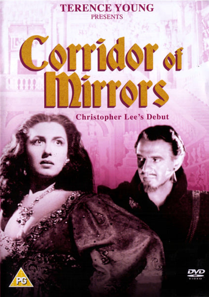 The DVD cover for Corridor of Mirrors DVD (1948) features a woman in an ornate dress and a man beside her, both striking dramatic poses. The cover text highlights Christopher Lee’s debut, and a PG rating is displayed in the corner, making this Corridor of Mirrors DVD (1948) an essential addition for collectors of rare classic films and fans of psychological drama.