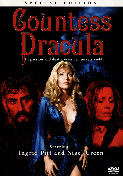 The Countess Dracula DVD (1971) features a cover with a woman dressed in a blue robe, framed by two somber faces awash in red tones. The gothic title stands out above the tagline: “In passion and death, even her secrets yield.” This DVD is an essential addition to any Hammer horror collection.