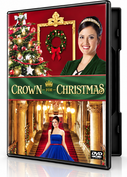 The Crown for Christmas (2015) DVD cover features a smiling woman in a tiara, a decorated Christmas tree, a holiday wreath, and an image of a woman in a blue gown standing at the base of a grand staircase.
