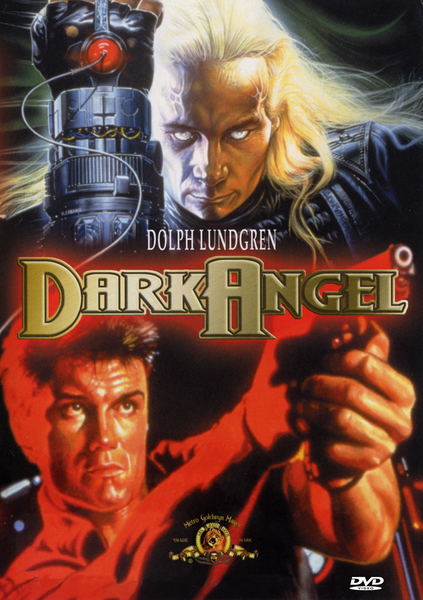 Dark Angel DVD (1990) cover showcases a rare sci-fi film with a chilling white-haired antagonist looming above, a determined man with a gun positioned below, and dynamic science fiction visuals in the background. The title “Dark Angel” and Dolph Lundgren’s name are boldly displayed at the center, emphasizing this distinctive Houston cop movie.