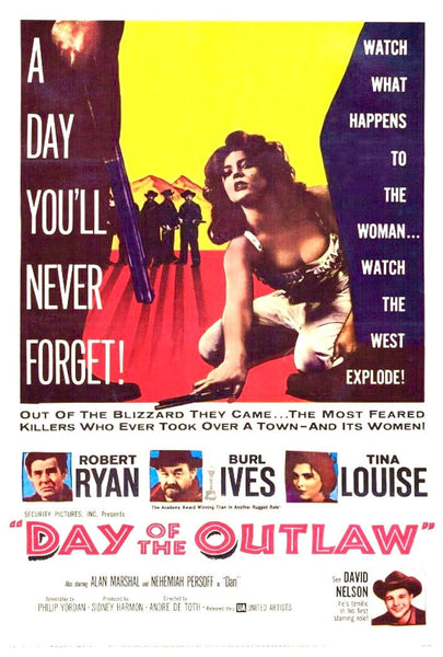 Vintage movie poster for Day of the Outlaw—a thrilling western starring Robert Ryan—featuring dramatic text, a distressed woman, and images of the main cast. The bold design and explosive tagline make this a must-have for collectors and fans of the Day of the Outlaw DVD.