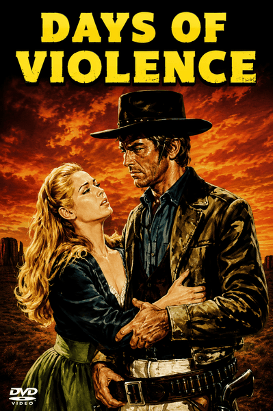 A stern-looking cowboy is held by a woman in a blue dress, set against a dramatic red sunset, beneath bold yellow "Days of Violence" lettering—a striking cover featured on the rare Days of Violence (1967) DVD.