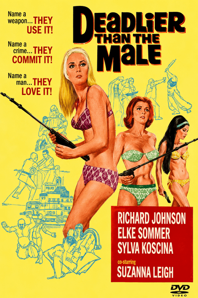 Three women in bikinis holding guns pose before illustrated action scenes, capturing the stylish danger of a classic superspy film. The text reads Deadlier Than The Male with cast names and taglines about weapons, crime, and love. "Deadlier Than The Male DVD (1967)" and DVD Video logos appear at the bottom, promising a thrilling James Bond-style adventure.