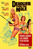Three women in bikinis holding guns pose before illustrated action scenes, capturing the stylish danger of a classic superspy film. The text reads Deadlier Than The Male with cast names and taglines about weapons, crime, and love. "Deadlier Than The Male DVD (1967)" and DVD Video logos appear at the bottom, promising a thrilling James Bond-style adventure.