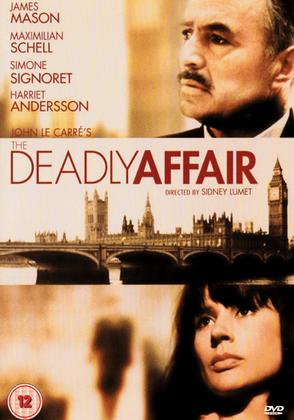 Movie poster for The Deadly Affair DVD (1966), featuring a man's face above, a woman's face below, and the London skyline with Big Ben in the center. Cast and credits are displayed at the top and along the left side—an evocative design ideal for collectors of classic movies or anyone looking for an unforgettable spy thriller on DVD.