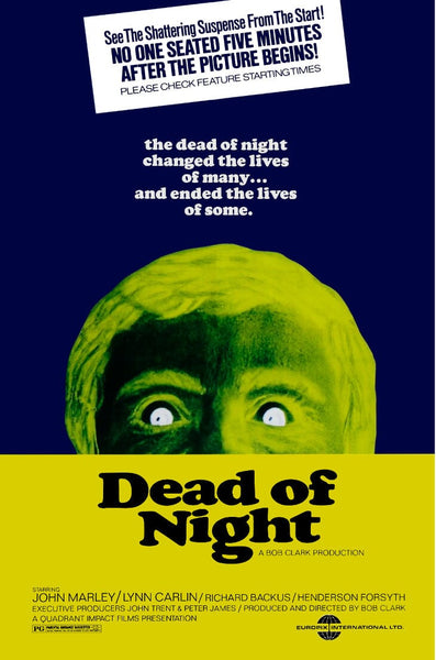 DVD cover for Dead of Night (1974) shows a blue-toned face with wide eyes on a yellow background. Text urges viewers not to miss the suspenseful start—an essential find for collectors of rare classic movies.