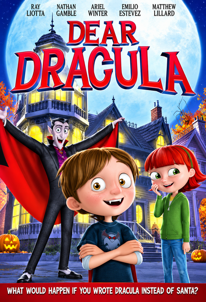 An animated vampire unfurls his cape behind two delighted children standing before a spooky, glowing house at night, surrounded by pumpkins. The title “Dear Dracula” appears above, with the tagline below: What would happen if you wrote Dracula instead of Santa? The Dear Dracula (2012) DVD offers a perfect Halloween movie for the whole family, putting a delightful new spin on classic holiday films.