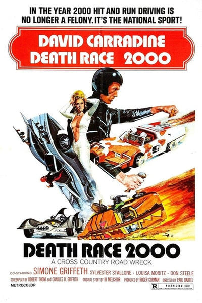 Showcase your love for cult classics with the Death Race 2000 (1975) DVD. The striking movie poster features a powerful car, intense action scenes, and unforgettable characters in racing gear—including a man in a helmet and a woman wielding a gun. Bold lettering draws attention to the film’s iconic title and cast. This DVD is an essential addition for fans of rare movies and collectors searching for unique and hard-to-find titles.